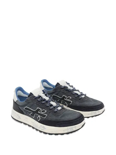 Premiata Layered White Sneakers With Textured Leather And Tpu Overlays In Blue