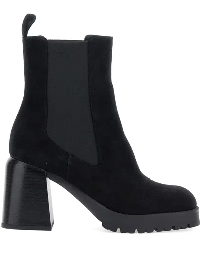 松紧拼接粗跟靴