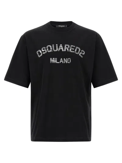 Dsquared2 Loose Fit Tee Logo Dsq2 Milano Sbiadito Effetto Texture Jersey Di Cotone T-shirt In Black