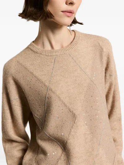 Peserico Sequin-embellished Diamond-pattern Sweater In Brown