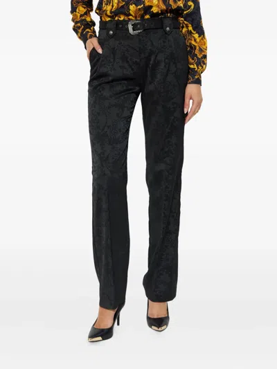 Versace Jeans Couture Damask-pattern Belted Trousers In Black