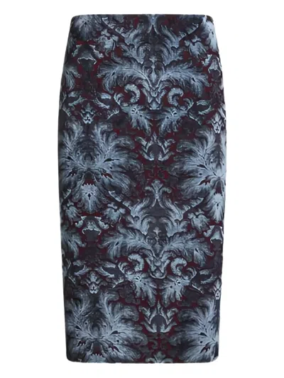 Etro Damask-pattern Velvet Midi Skirt In Blue
