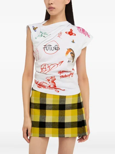 Vivienne Westwood Asymmetric Cap Sleeve Graphic Print Top In White