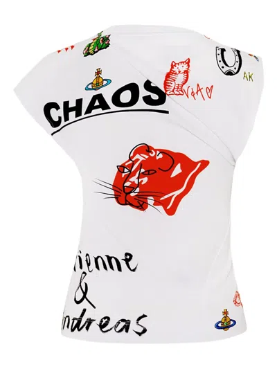 Vivienne Westwood Asymmetric Cap Sleeve Graphic Print Top In White