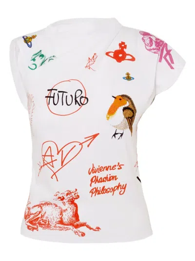 Vivienne Westwood Asymmetric Cap Sleeve Graphic Print Top In White