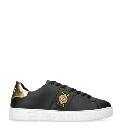 Versace Black Low Top Sneakers With Contrasting Heel With Logo Lettering And Medusa Plaque In Tech Fabric Ma In Black