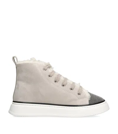 Brunello Cucinelli Suede Shearling-lined High-top Sneakers In Neutral