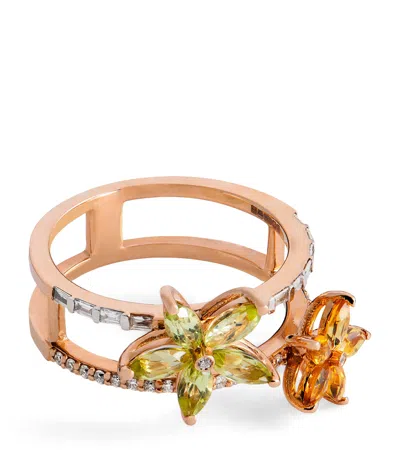 Bee Goddess Rose Gold, Diamond, Citrine And Peridot Apple Seed Ring In Gold