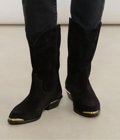 Isabel Marant Block Heel Suede Boot With Gold Trim In Black