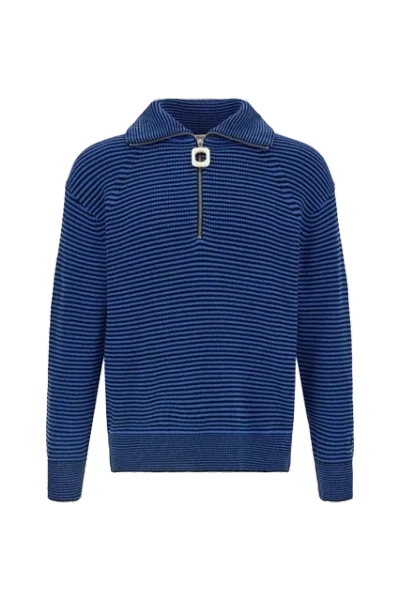 Jw Anderson Blue Sweater With Half Zip Closure On The Front In Cotton Piquet Man In Blue