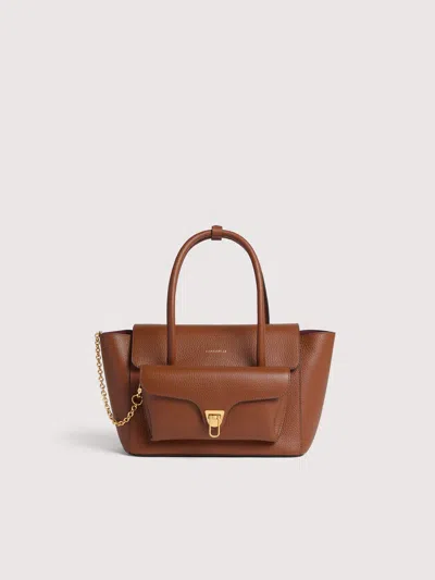 Coccinelle Structured Calfskin Shopper Bag With Gold-tone Accents In Brown