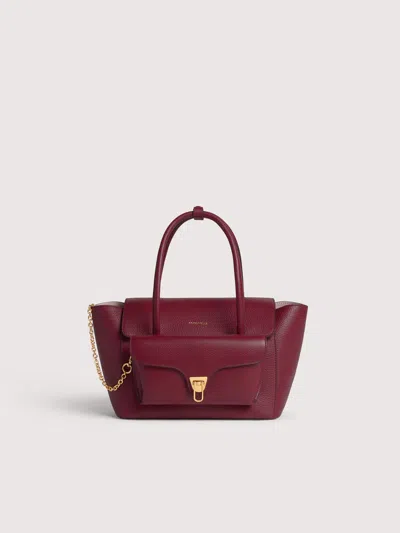 Coccinelle Double Beat Medium Leather Bag In Burgundy