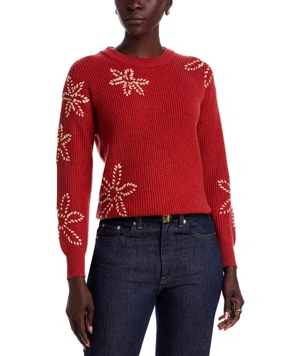 T Tahari Long Sleeve Crewneck Sweater With Floral Embroidery In Red