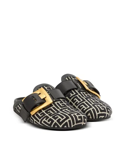Balmain Anthem Mules In Jacquard Canvas With Pb Monogram In Black