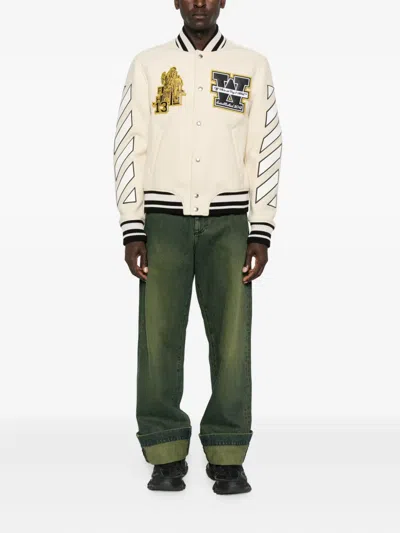 Off-white Mens Frozen Dew Lion Varsity Patches Wool-blend Jacket In Neutral