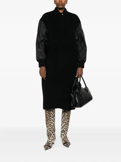 Pinko Long Bomber Coat In Wool And Nylon In Black