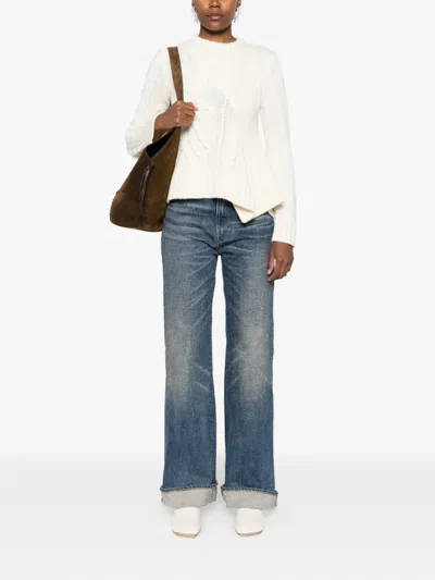 Sacai Cable Knit Sweater With Ruffled Hem And Asymmetrical Details In Neutral