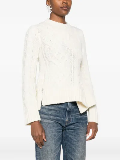 Sacai Cable Knit Sweater With Ruffled Hem And Asymmetrical Details In Neutral
