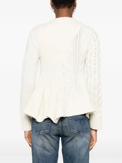 Sacai Cable Knit Sweater With Ruffled Hem And Asymmetrical Details In Neutral