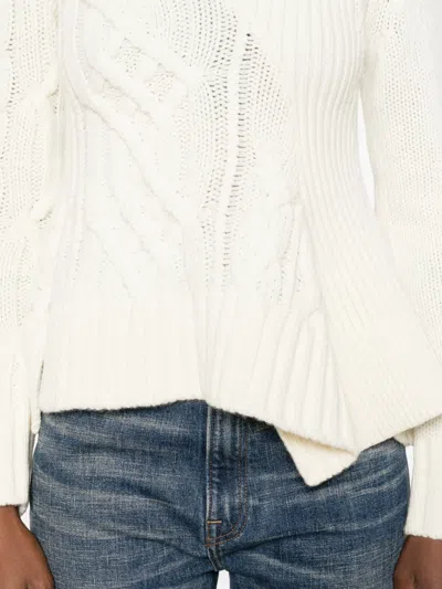 Sacai Cable Knit Sweater With Ruffled Hem And Asymmetrical Details In Neutral