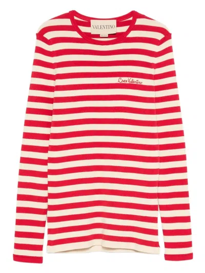 Valentino Embroidered Striped Ribbed-knit Cotton Sweater In Red