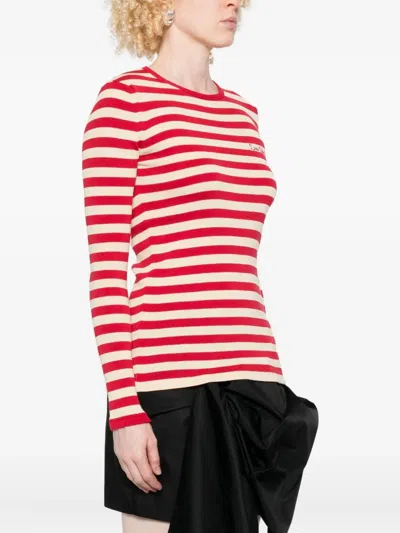 Valentino Embroidered Striped Ribbed-knit Cotton Sweater In Red