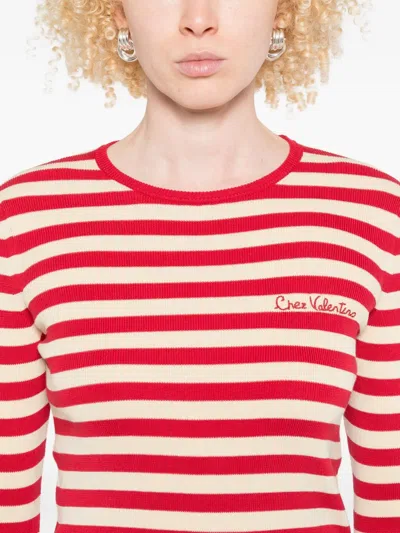 Valentino Embroidered Striped Ribbed-knit Cotton Sweater In Red