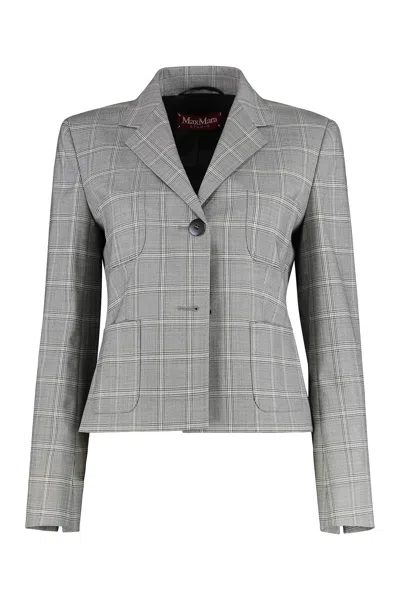 Max Mara Tailored Grey Wool Blazer With Classic Plaid Pattern In Gray