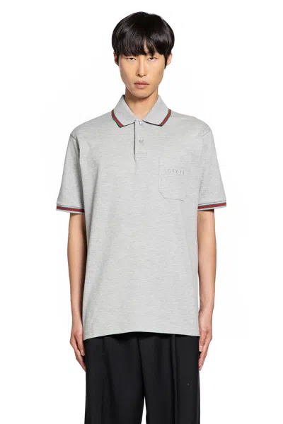 Gucci Grey Polo Shirt With Web Details And Logo Lettering On The Front In Wool Blend Man In Gray