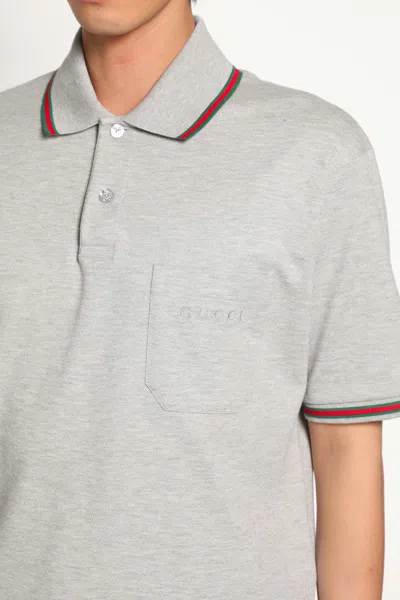 Gucci Grey Polo Shirt With Web Details And Logo Lettering On The Front In Wool Blend Man In Gray