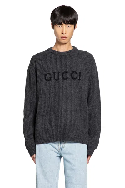 Gucci Grey Crewneck Sweater With Logo Lettering Embroidery On The Front In Wool Man In Black