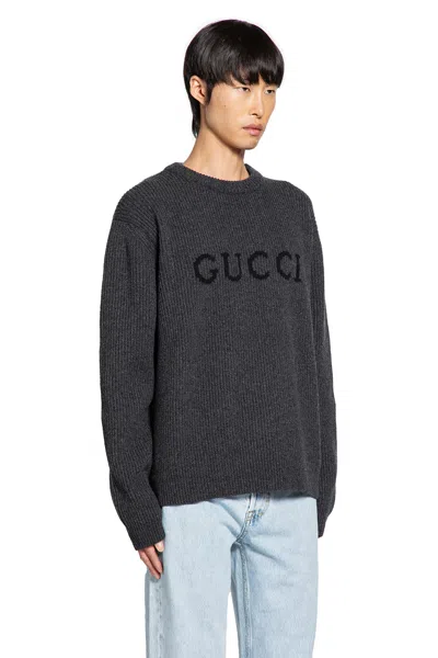 Gucci Grey Crewneck Sweater With Logo Lettering Embroidery On The Front In Wool Man In Black