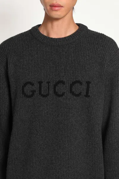 Gucci Grey Crewneck Sweater With Logo Lettering Embroidery On The Front In Wool Man In Black