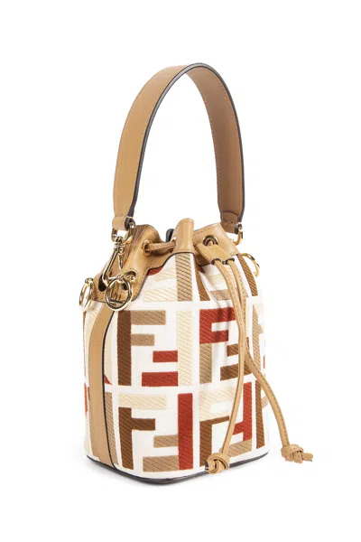 Fendi Mon Tresor Canvas Bucket Bag With Ff Embroidery In Sand