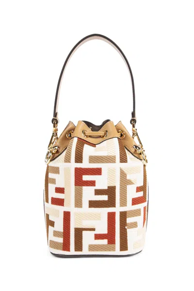 Fendi Mon Tresor Canvas Bucket Bag With Ff Embroidery In Sand