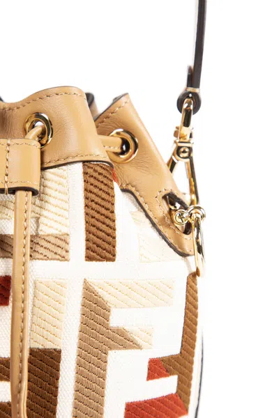 Fendi Mon Tresor Canvas Bucket Bag With Ff Embroidery In Sand