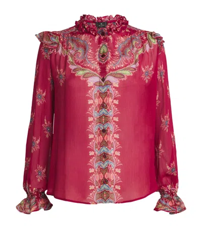 Etro Boho Ruffled Printed Chiffon Blouse In Red
