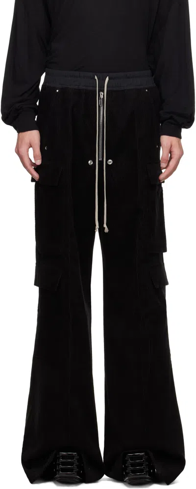 Rick Owens Heizer Belas Wide-leg Cotton-blend Poplin Drawstring Cargo Trousers In Black