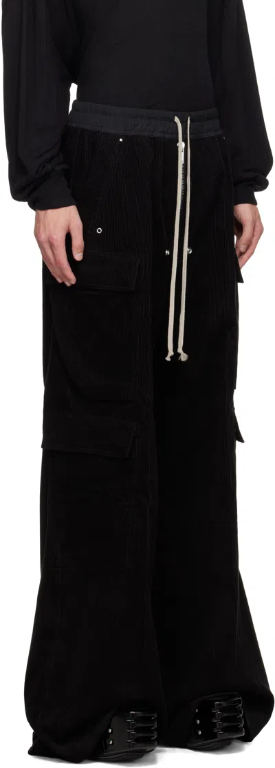 Rick Owens Heizer Belas Wide-leg Cotton-blend Poplin Drawstring Cargo Trousers In Black