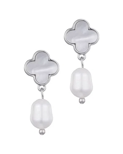 Adornia Silver Plated White Mother Of Pearl Clover And Freshwater Pearl Drop Earrings In Metallic