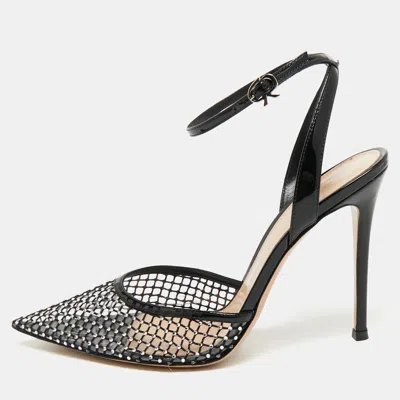 Pre-owned Gianvito Rossi Black Mesh And Pvc Crystal Embellished Pointed Toe Ankle Strap Pumps Size 39