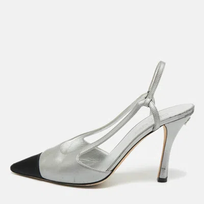 Pre-owned Chanel Black/silver Leather And Canvas Pointed Toe Slingback Pumps Size 41