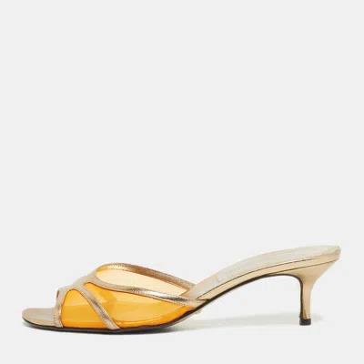 Pre-owned Dolce & Gabbana Gold/orange Leather And Mesh Slide Sandals Size 39.5