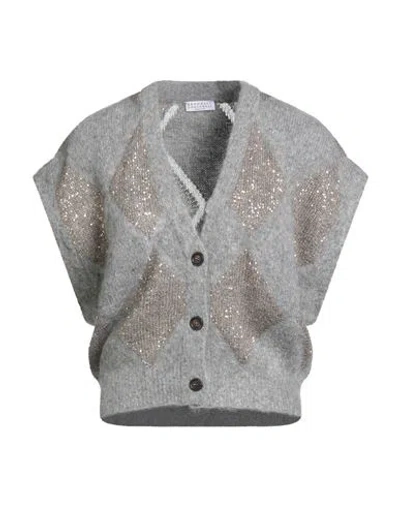 Brunello Cucinelli Woman Cardigan Grey Size M Wool, Mohair Wool, Polyamide, Polyester In Gray