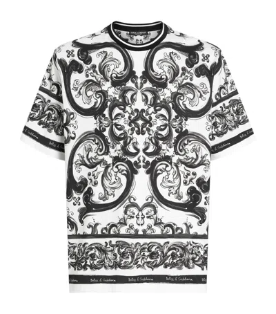 Dolce & Gabbana Men Black And White Crewneck T-shirt With All-over Graphic Print In Cotton Man In Multi