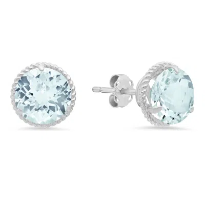 Maxcolor 14k White Gold Roped Halo Gemstone Round Stud Earrings For Women 6mm In Blue