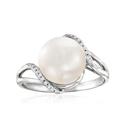 Ross-simons 10-10.5mm Cultured Pearl Wave Ring With Diamonds In 14kt White Gold In White