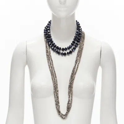 Kenneth Jay Lane Silver Geometric Beads Big Beads Double Necklace Set In Blue