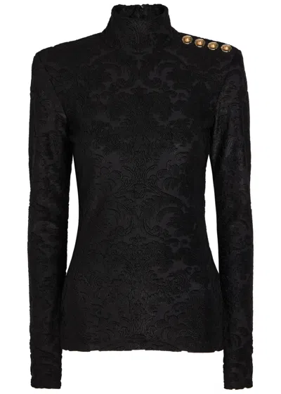 Balmain Buttoned Ls Bouclette Baroque Top In Black
