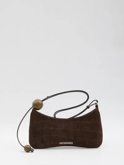 Jacquemus Le Bisou Perle Embellished Leather-trimmed Croc-effect Suede Shoulder Bag In Brown